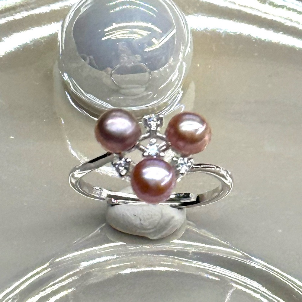 RPF30  5mm Pink Baby Freshwater Pearl 3-Petal CLOVER Dainty Ring 18K WGold S925